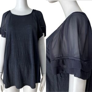 REBECCA TAYLOR Navy Sheer Flutter Sleeve Knit Top Silk and Linen Size Large